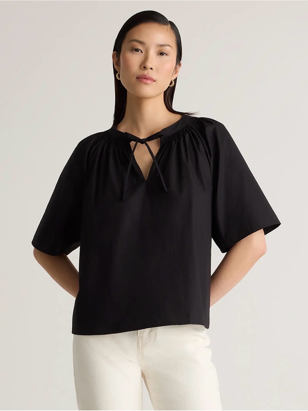 NWT Quince Black Organic Cotton Poplin Split Neck Top (M)
